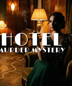 Hotel: Murder Mystery poster: a woman in a 1920s beaded gown beside a chalk outline in a hotel suite