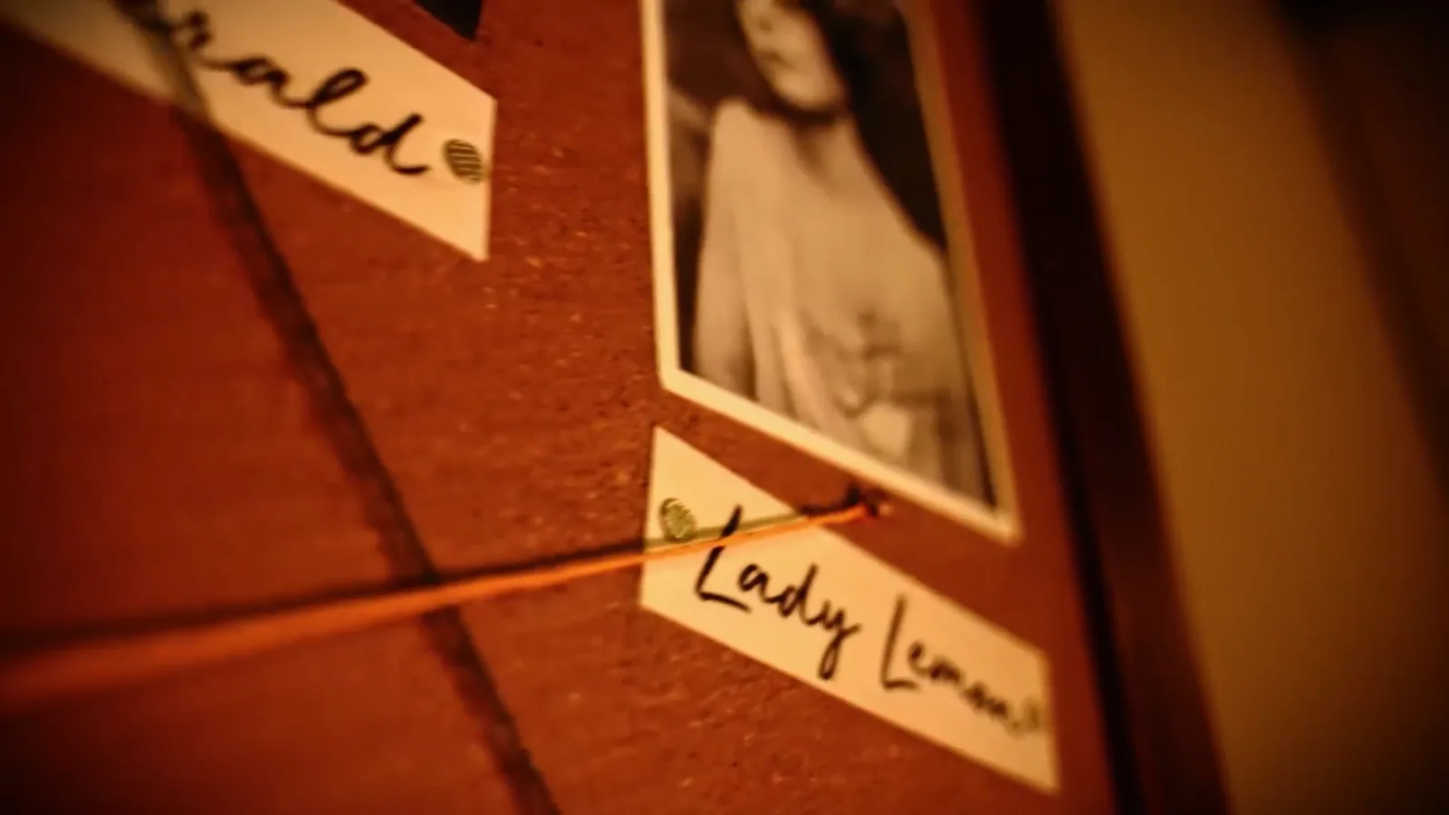 A board of suspect photographs and name cards joined by string in Hotel: Murder Mystery